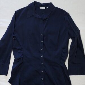 New York & Company Navy Blue Button Up Shirt Womens Stretch Top L